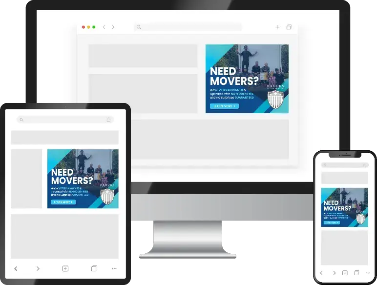 Digital marketing advertisement for moving services featuring the text "NEED MOVERS?" on a computer, tablet, and smartphone screen, promoting veteran-owned moving company with a call to action to "LEARN MORE."