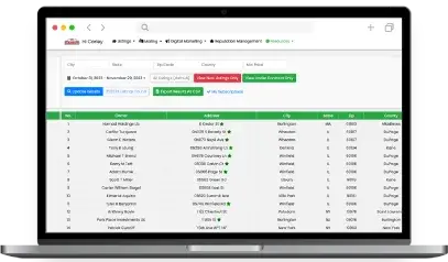 Laptop displaying a digital marketing dashboard with home listings, showcasing client details, locations, and status indicators for USA Home Listings services.