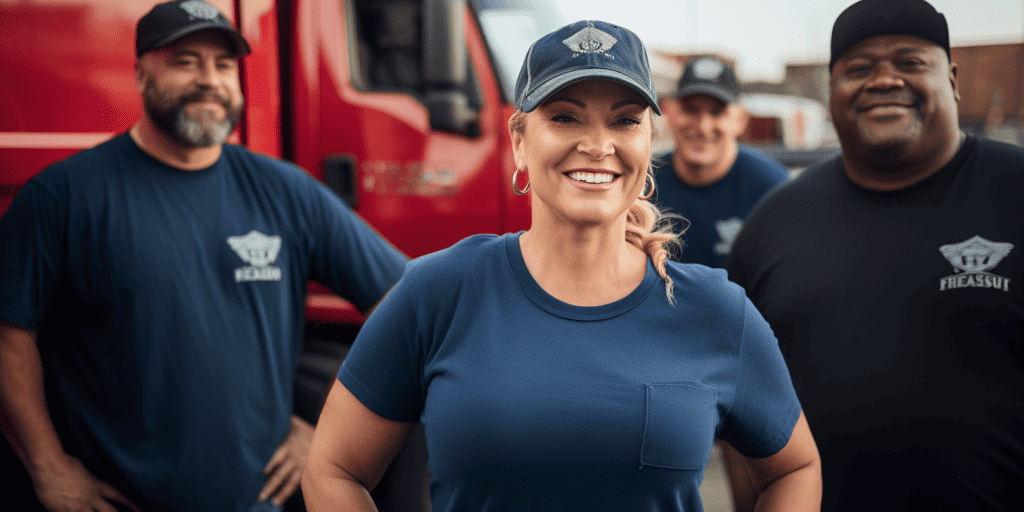 moving company woman owner wearing ball cap with moving boxes