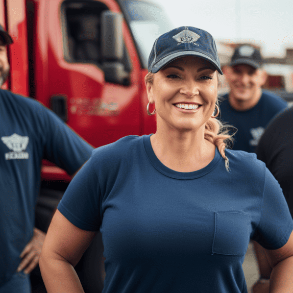 moving company woman owner wearing ball cap with moving boxes