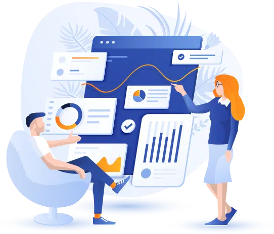 Vector image of people looking at performance results from SEO for movers.